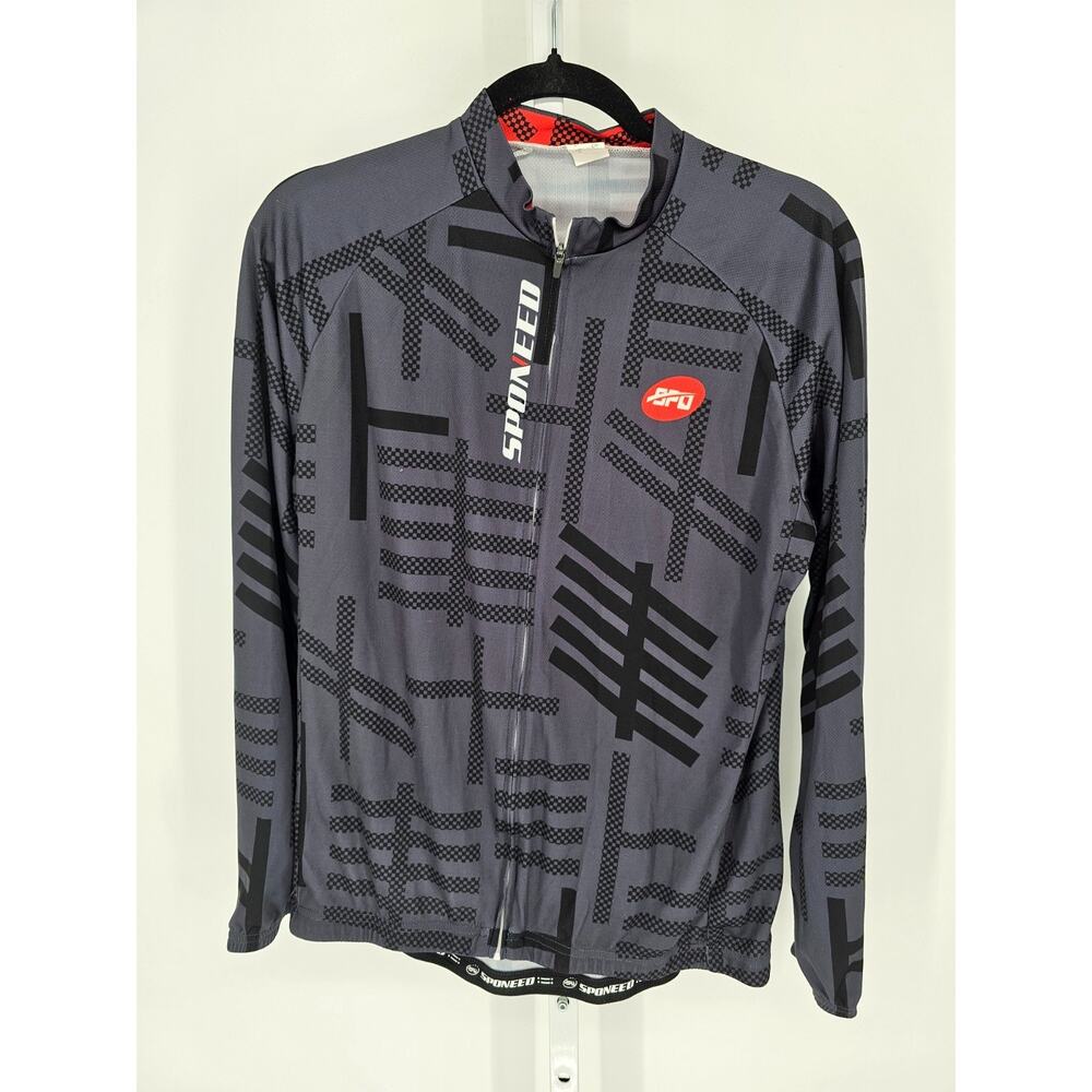 Sponeed Mens Sz L Full zip Long Sleeve Cycling Jersey Jacket Gray Black